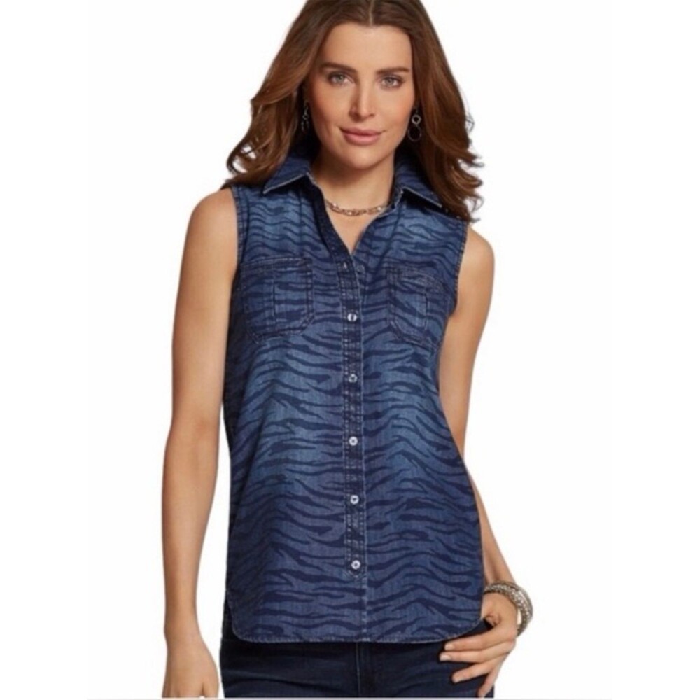 Chico's Tiger Zebra Print Blue Chambray Denim Sleeveless Rylie Button Down Top 2